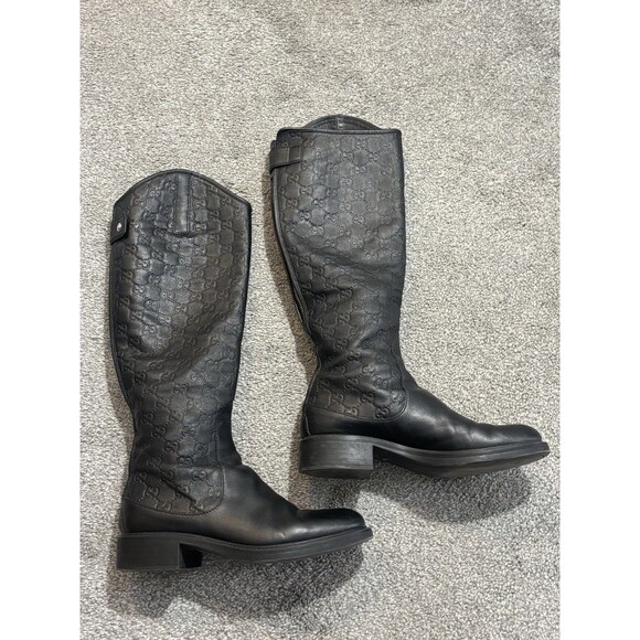 GUCCI Guccissima Calfskin Maud Soft Knee High Riding Boots Black Size 37 US 7